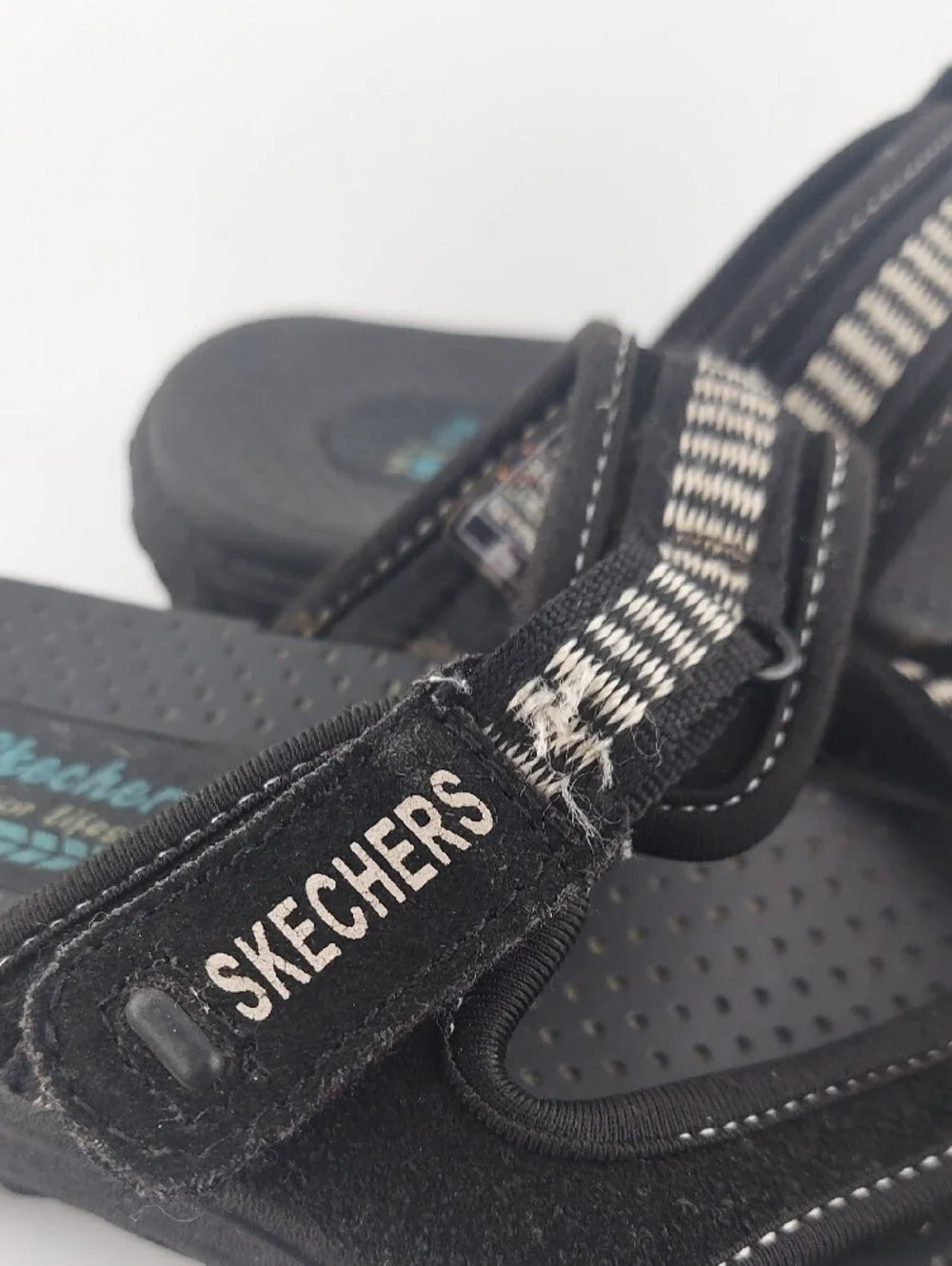 Skechers Womans Black Sandals with White-Striped Webbing